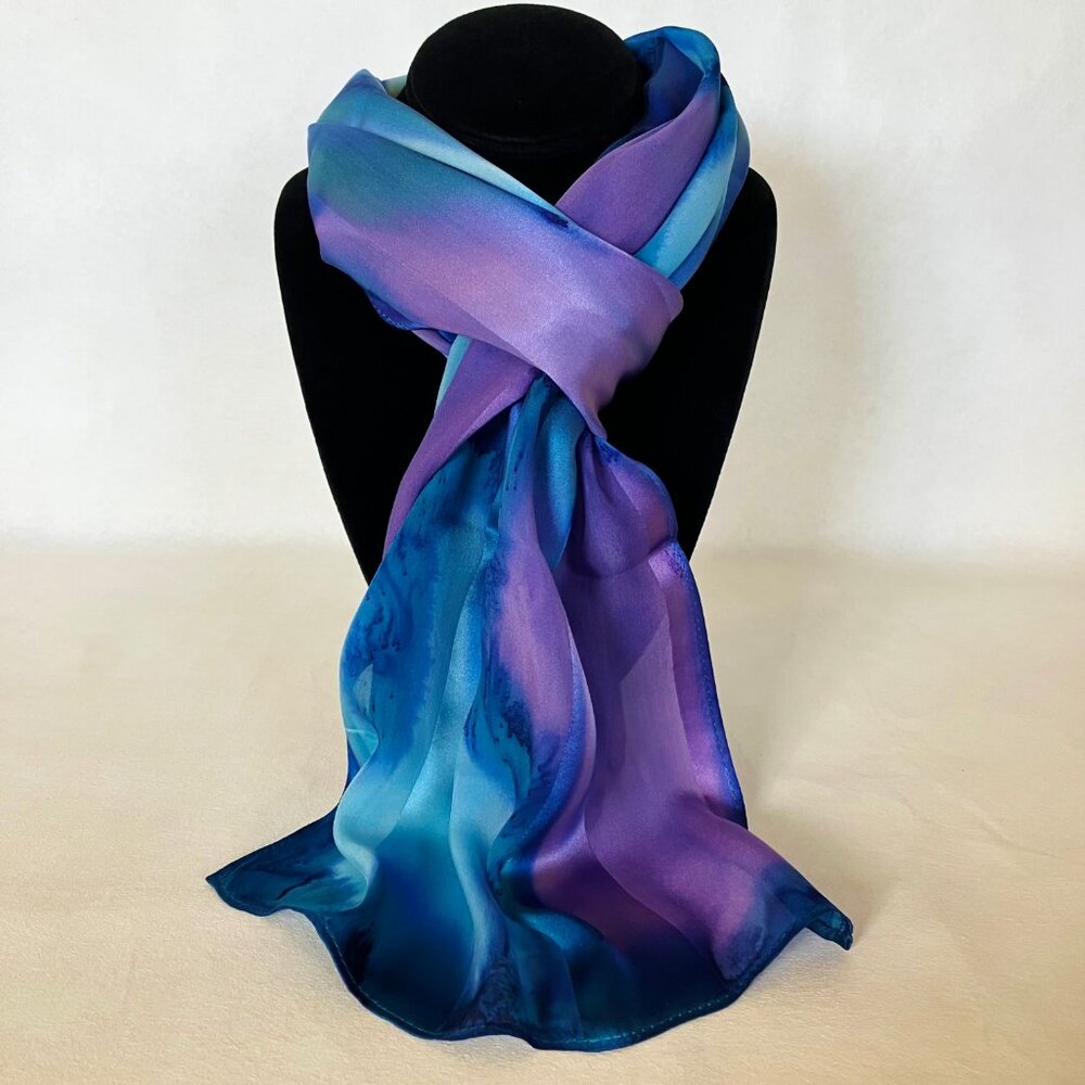 Hand Painted Silk Scarf Purple Blue Women Unique Head Neck Wrap Unique Gift New